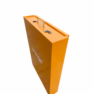 Orange metal folding cashier counter folded