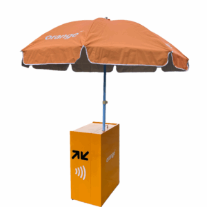 Orange telecom point of sales service counter with umbrella