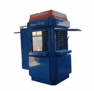 Blue Mobile Money fiberglass kiosk with orange roof