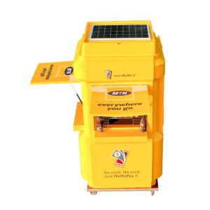 MTN yellow fiberglass kiosk with branding point of sales